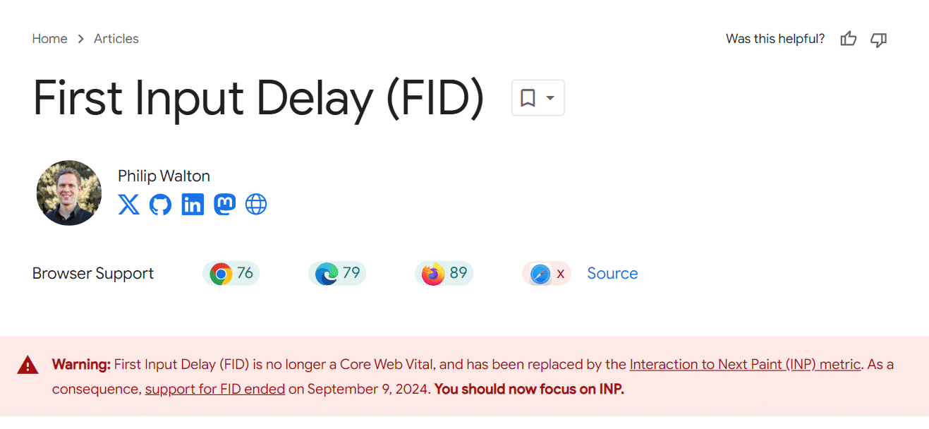 The FID article with a warning that it's outdated and unsuitable for future performance assessments.