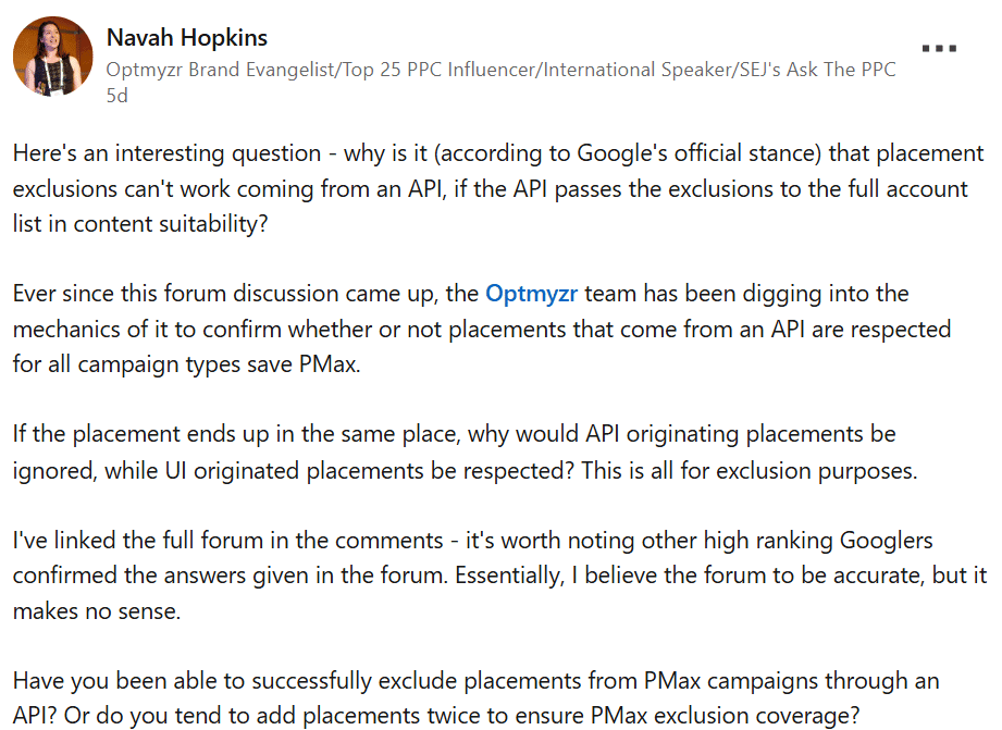 Navah Hopkin's LinkedIn post