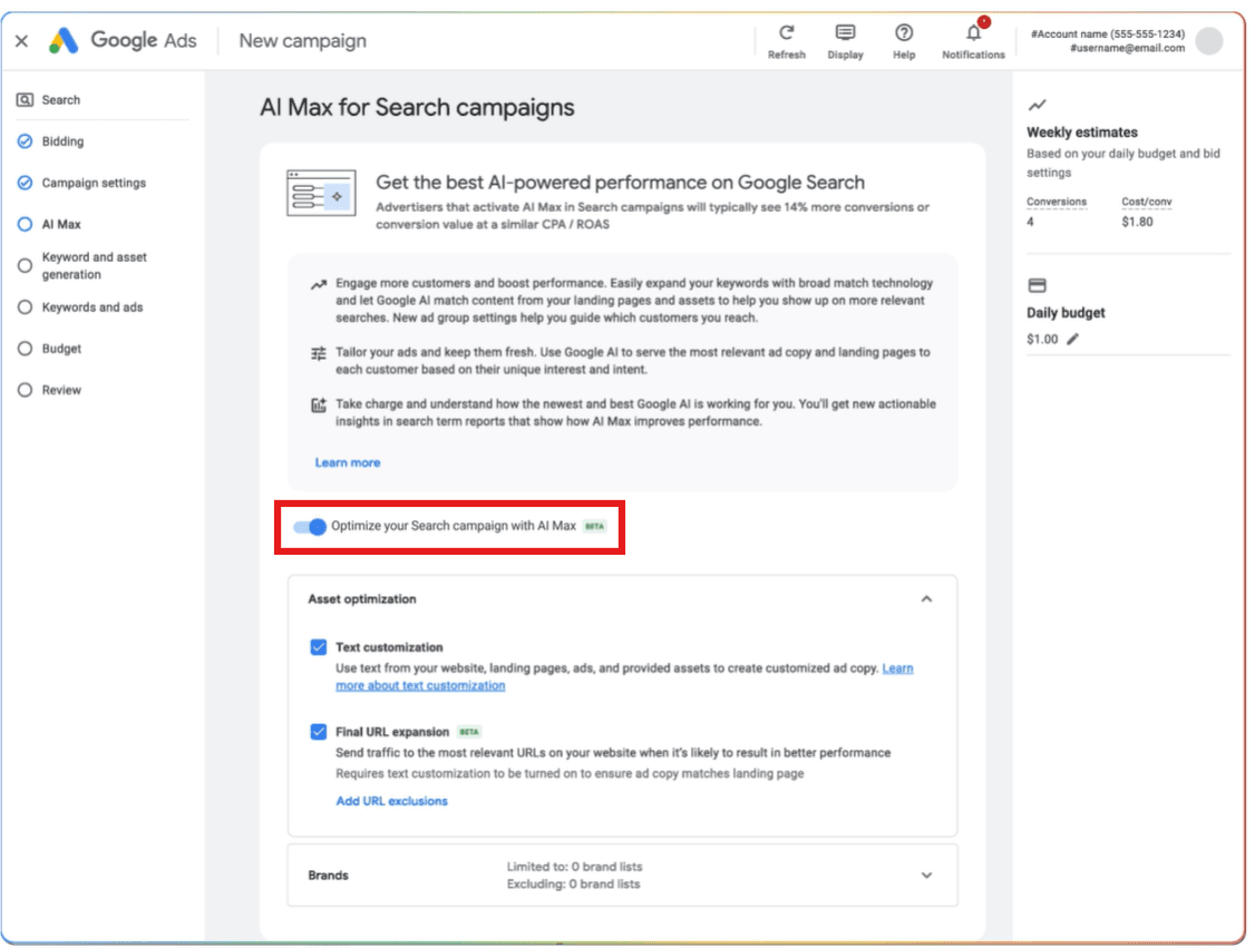 AI Max for search campaigns